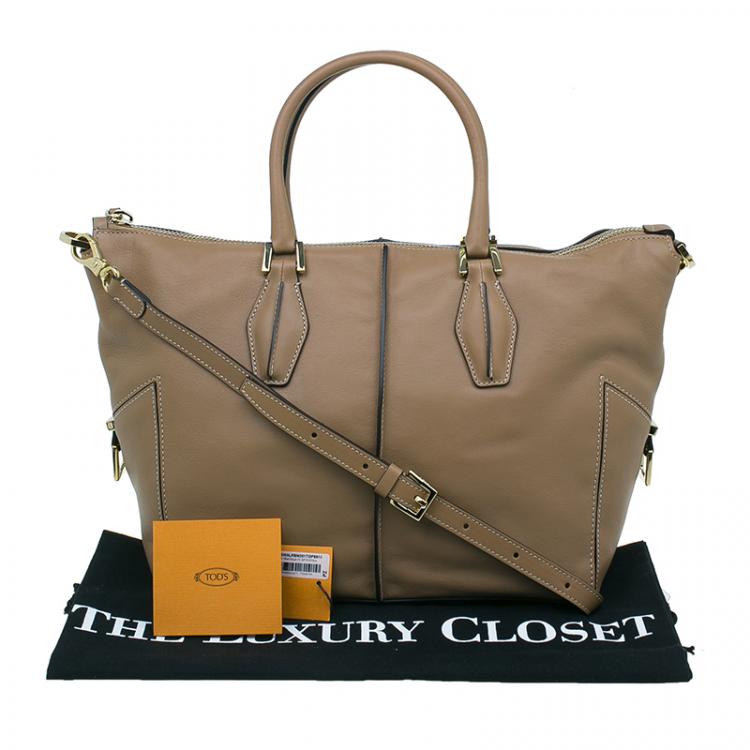 Pre Owned Tod's Beige Leather Small CC Zip Tote Bag