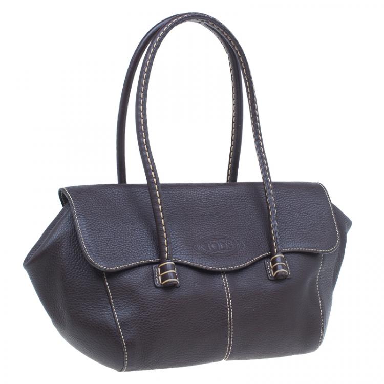 Pre Owned Tod's Chocolate Brown Leather Corniche Wave East West Satchel