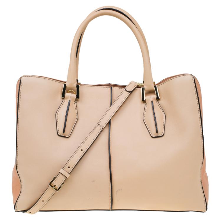 Pre Owned Tod's Beige Bi Color Leather Medium D-Cube Tote