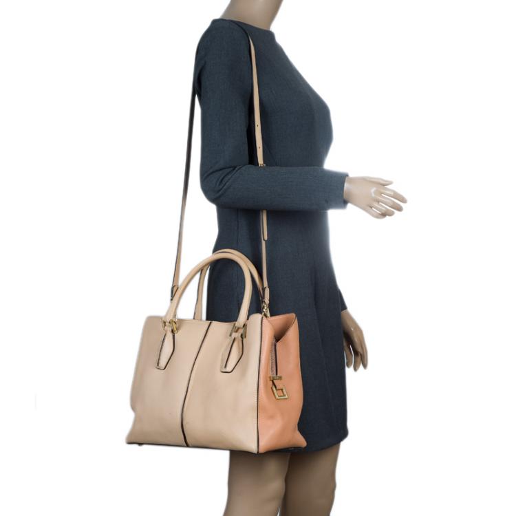 Pre Owned Tod's Beige Bi Color Leather Medium D-Cube Tote