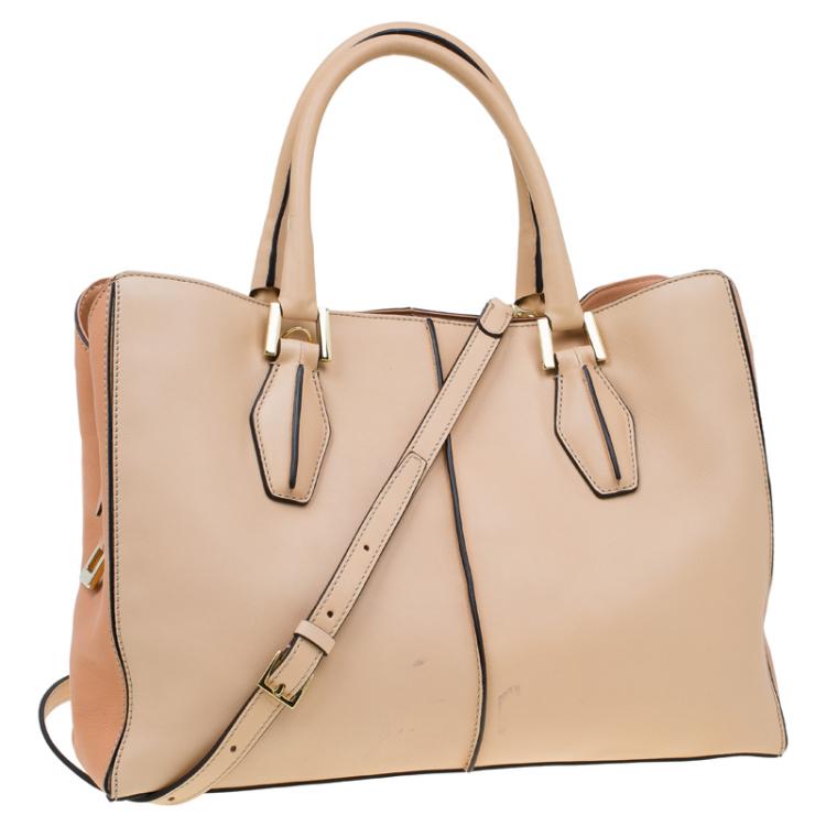 Pre Owned Tod's Beige Bi Color Leather Medium D-Cube Tote