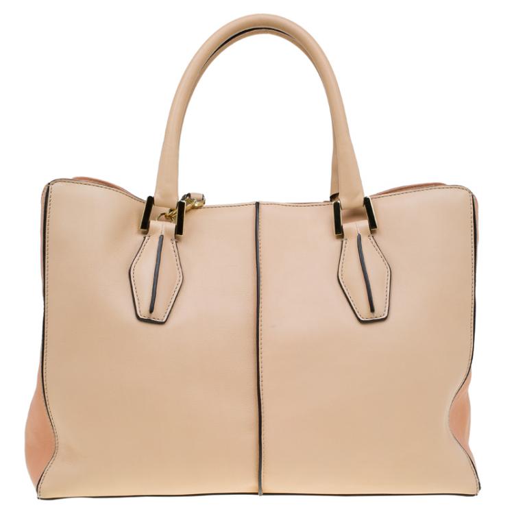 Pre Owned Tod's Beige Bi Color Leather Medium D-Cube Tote