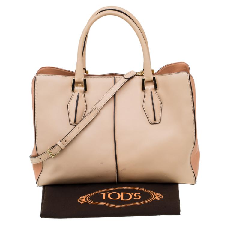 Pre Owned Tod's Beige Bi Color Leather Medium D-Cube Tote