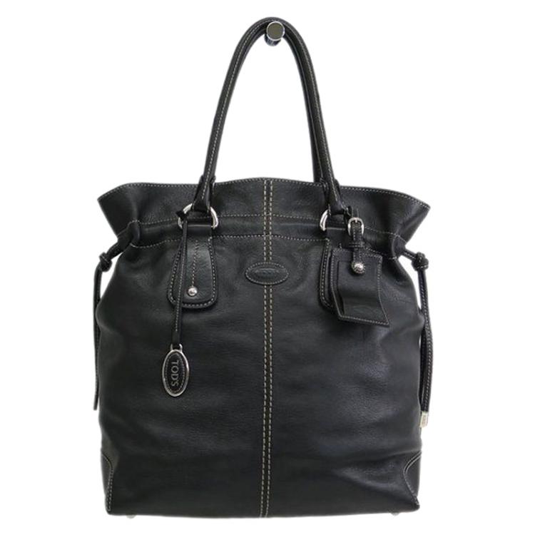 Pre Owned Tod's Black Leather Drawstring Tote