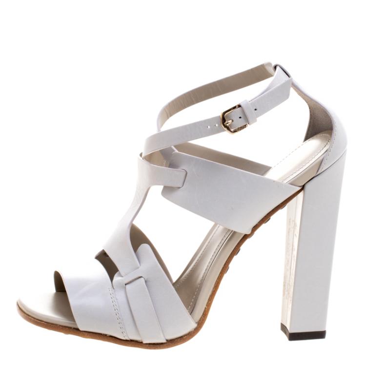 Pre Owned Tod's Grey Leather Cross Ankle Strap Block Heel Sandals Size 37.5