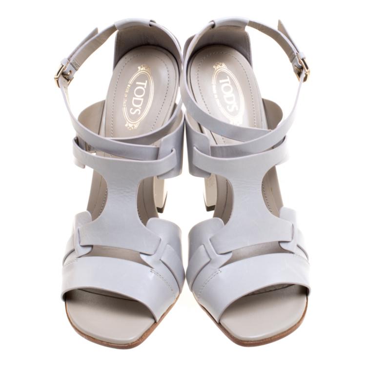 Pre Owned Tod's Grey Leather Cross Ankle Strap Block Heel Sandals Size 37.5