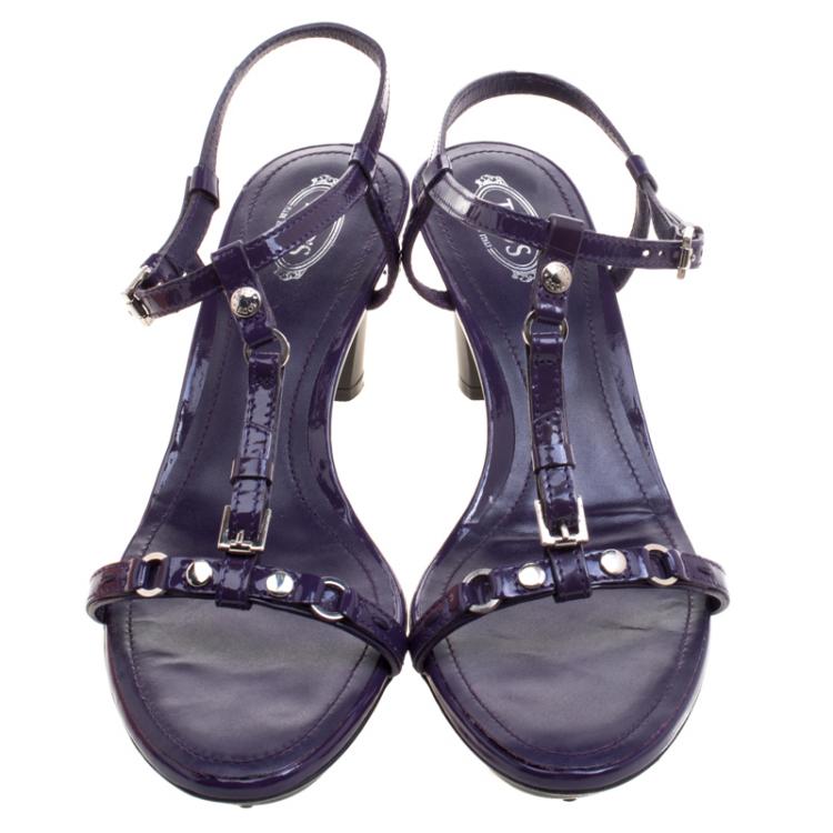 Pre Owned Tod's Purple Patent Leather T Strap Sandals Size 40