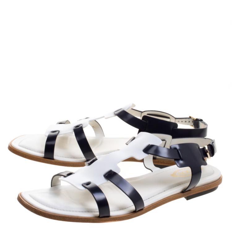 Pre Owned Tod's Two Tone Leather T Strap Flat Sandals Size 39