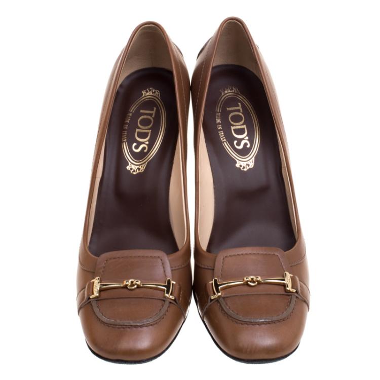 Pre Owned Tod's Brown Leather Loafer Pumps Size 38.5