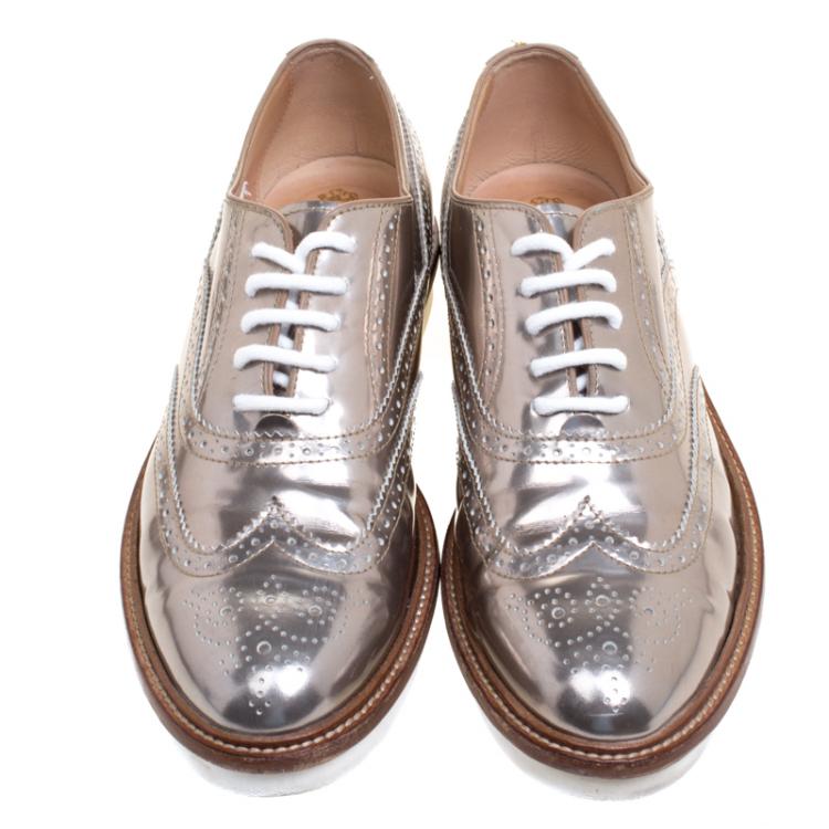Pre Owned Tod's Bronze Metallic Brogue Leather Lace Up Oxfords Size 37.5