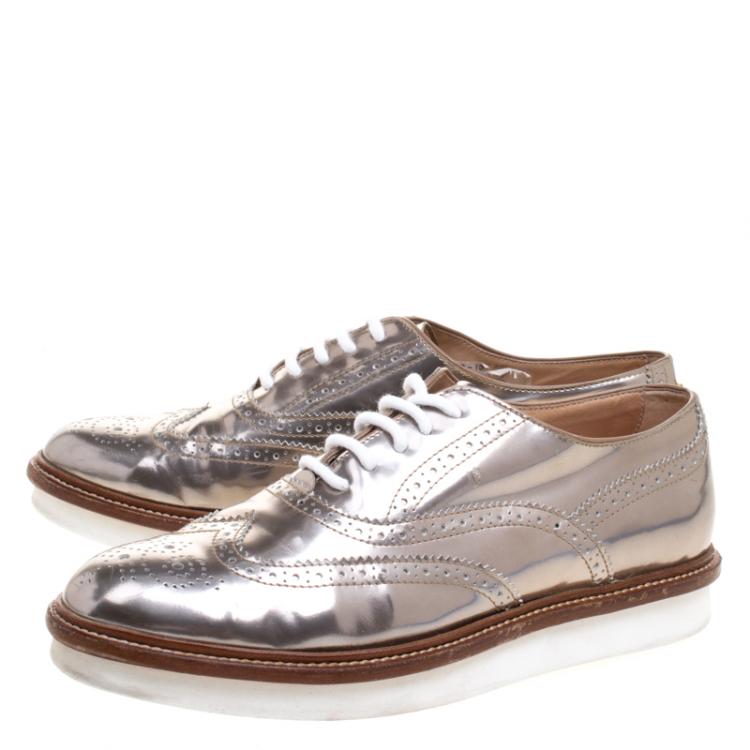 Pre Owned Tod's Bronze Metallic Brogue Leather Lace Up Oxfords Size 37.5
