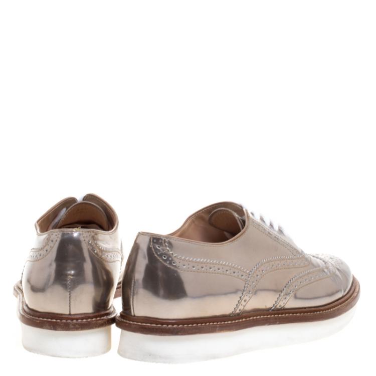 Pre Owned Tod's Bronze Metallic Brogue Leather Lace Up Oxfords Size 37.5