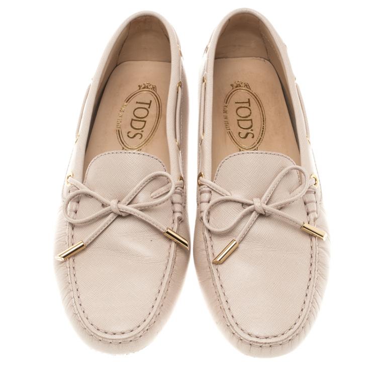 Pre Owned Tod's Blush Pink Leather Bow Loafers Size 39