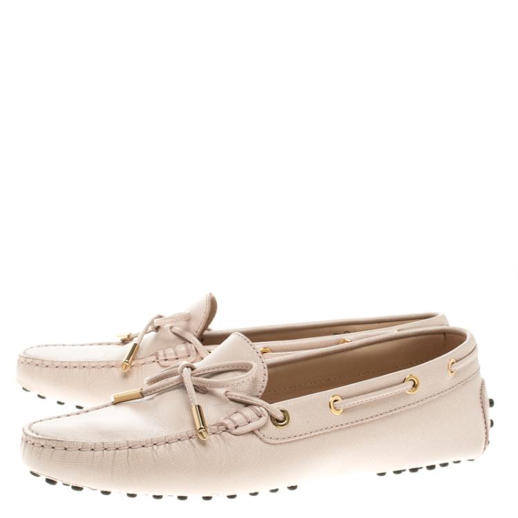 Pre Owned Tod's Blush Pink Leather Bow Loafers Size 39