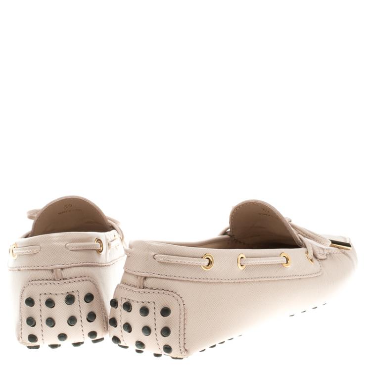 Pre Owned Tod's Blush Pink Leather Bow Loafers Size 39