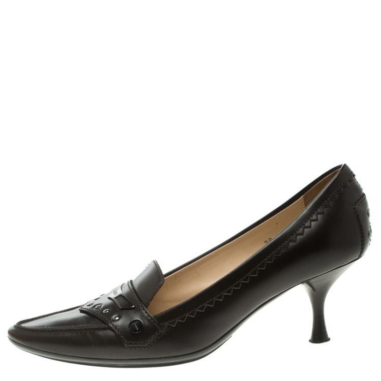 Pre Owned Tod's Brown Leather Pointed Toe Loafer Pumps Size 38