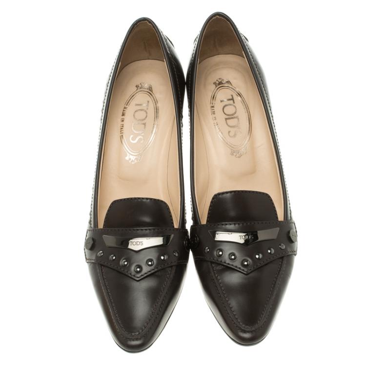Pre Owned Tod's Brown Leather Pointed Toe Loafer Pumps Size 38