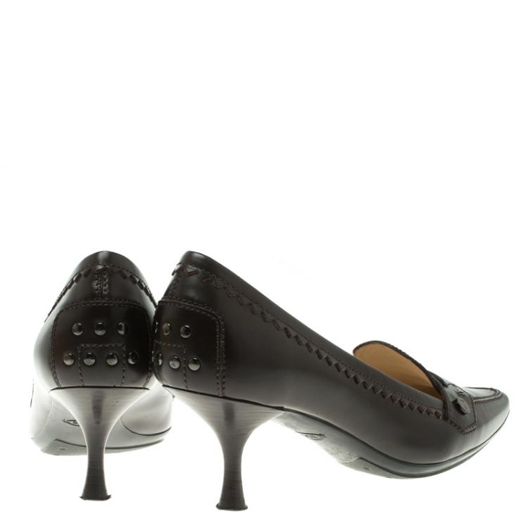 Pre Owned Tod's Brown Leather Pointed Toe Loafer Pumps Size 38