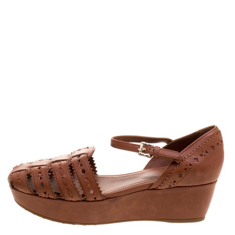 Pre Owned Tod's Brown Cutout Leather Ankle Strap Wedge Sandals Size 39