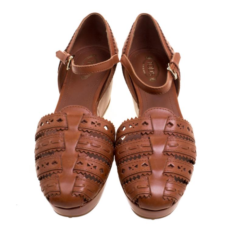 Pre Owned Tod's Brown Cutout Leather Ankle Strap Wedge Sandals Size 39