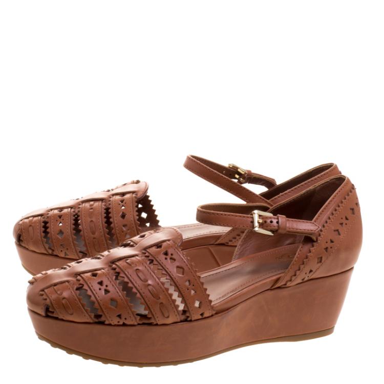 Pre Owned Tod's Brown Cutout Leather Ankle Strap Wedge Sandals Size 39