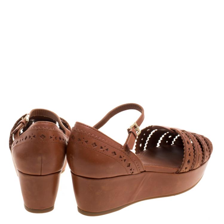 Pre Owned Tod's Brown Cutout Leather Ankle Strap Wedge Sandals Size 39