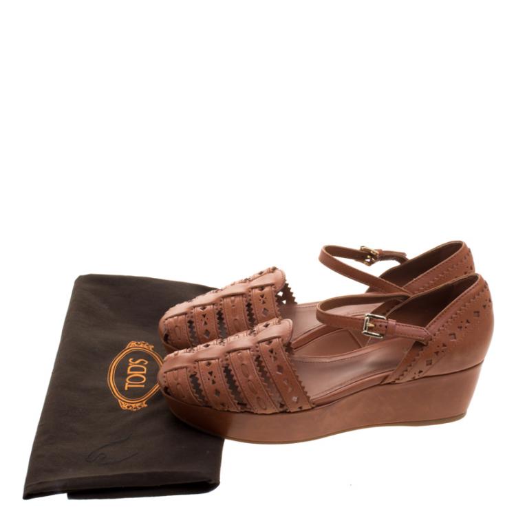 Pre Owned Tod's Brown Cutout Leather Ankle Strap Wedge Sandals Size 39