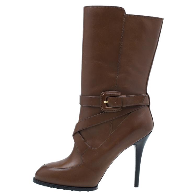 Pre Owned Tod's Brown Leather Cross Strap Knee Boots Size 40