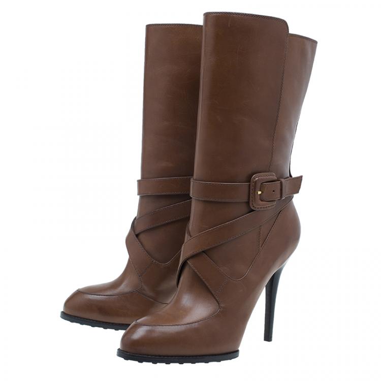 Pre Owned Tod's Brown Leather Cross Strap Knee Boots Size 40
