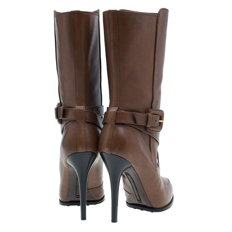 Pre Owned Tod's Brown Leather Cross Strap Knee Boots Size 40
