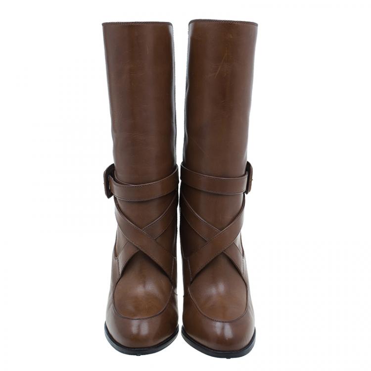 Pre Owned Tod's Brown Leather Cross Strap Knee Boots Size 40
