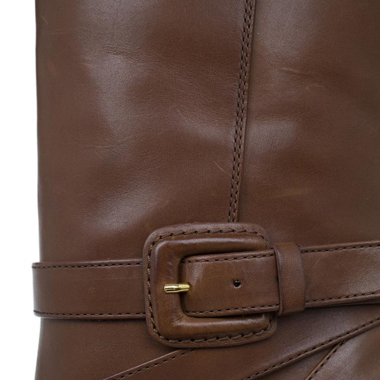 Pre Owned Tod's Brown Leather Cross Strap Knee Boots Size 40