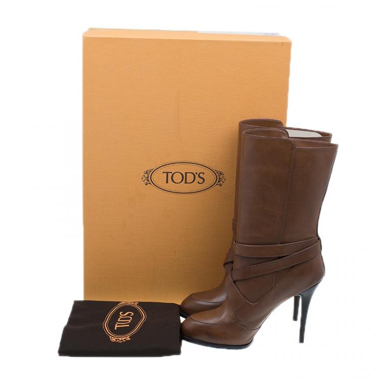 Pre Owned Tod's Brown Leather Cross Strap Knee Boots Size 40