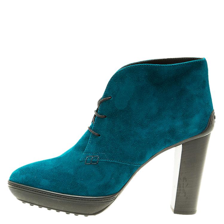 Pre Owned Tod's Turquoise Suede Lace Up  Boots Size 39.5