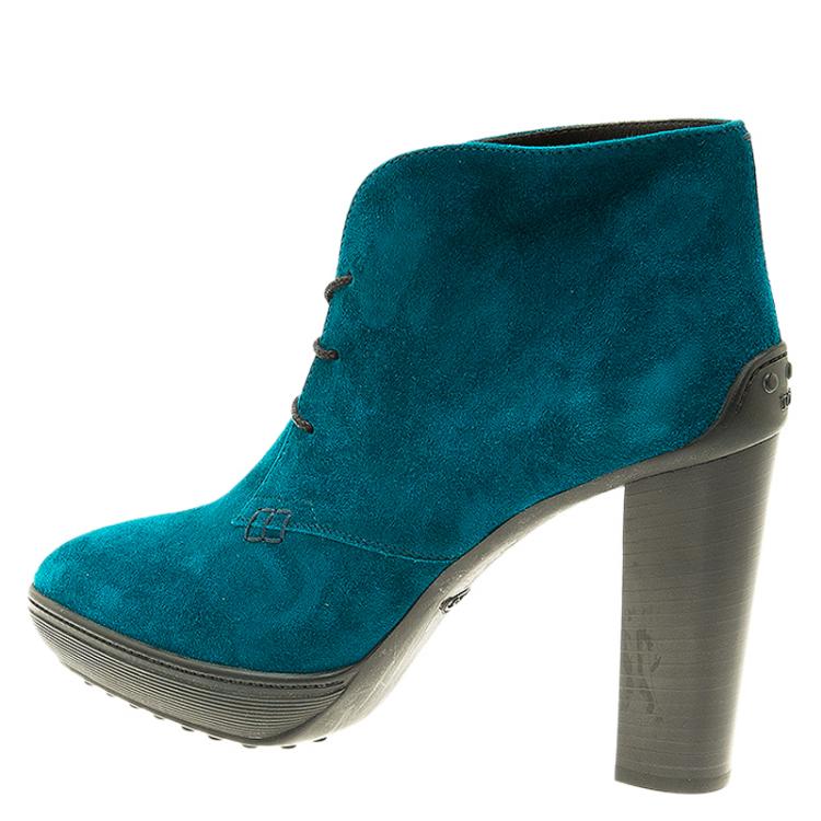 Pre Owned Tod's Turquoise Suede Lace Up  Boots Size 39.5