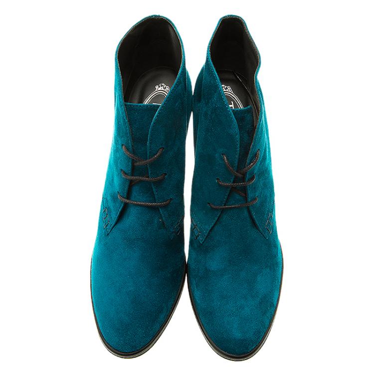 Pre Owned Tod's Turquoise Suede Lace Up  Boots Size 39.5