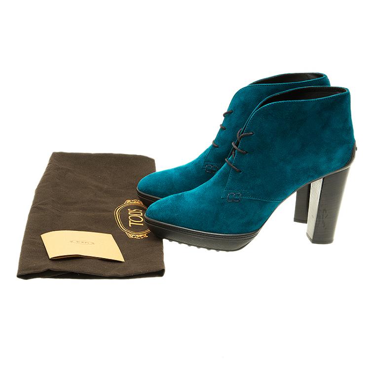 Pre Owned Tod's Turquoise Suede Lace Up  Boots Size 39.5