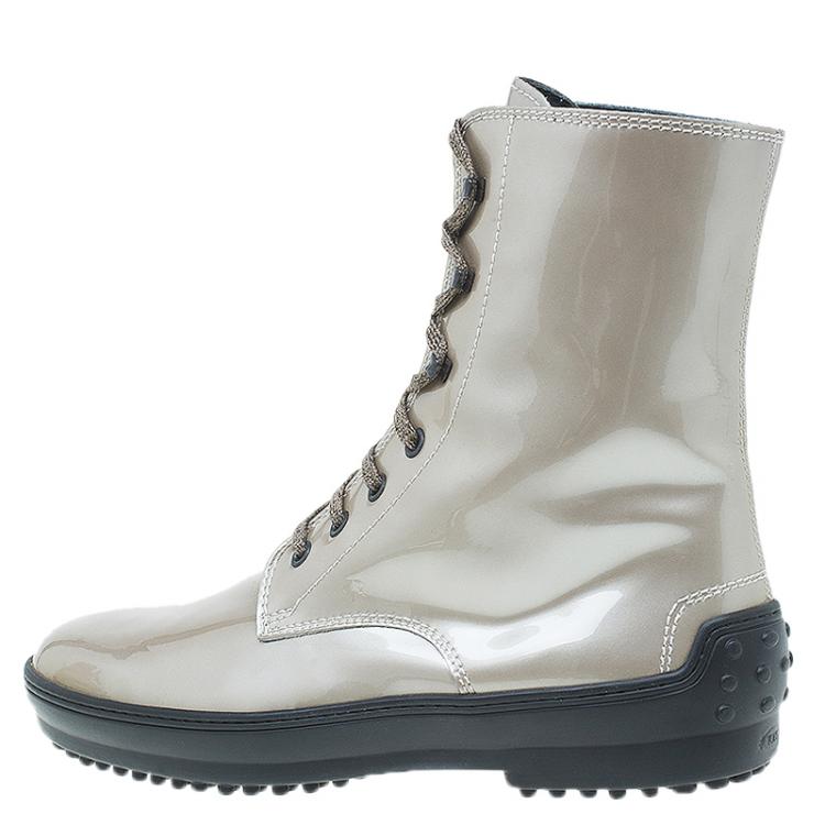 Pre Owned Tod's Metallic Patent Lace Up Mid Calf Boots Size 39.5 