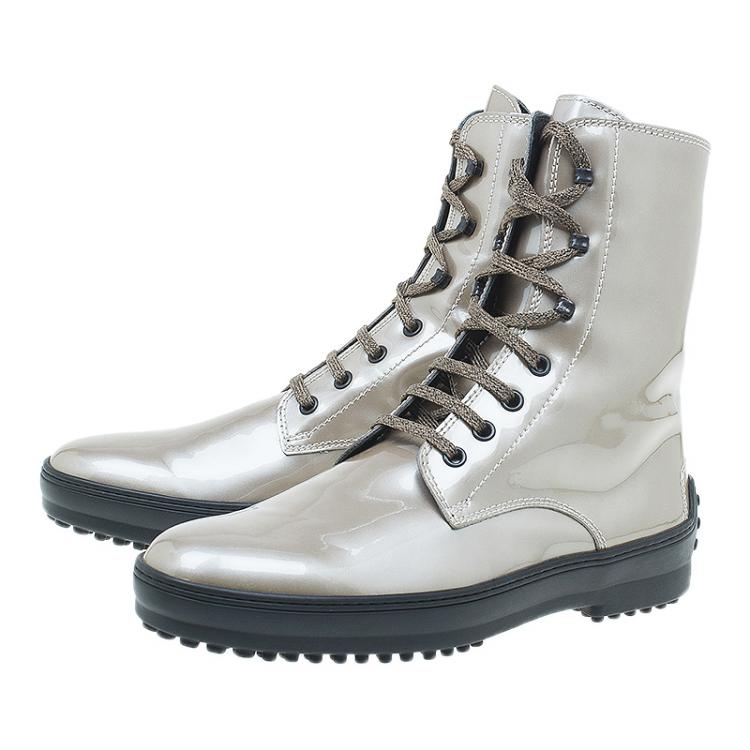 Pre Owned Tod's Metallic Patent Lace Up Mid Calf Boots Size 39.5 