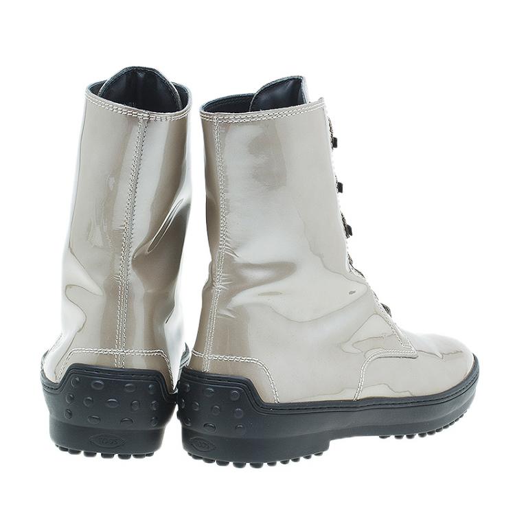 Pre Owned Tod's Metallic Patent Lace Up Mid Calf Boots Size 39.5 