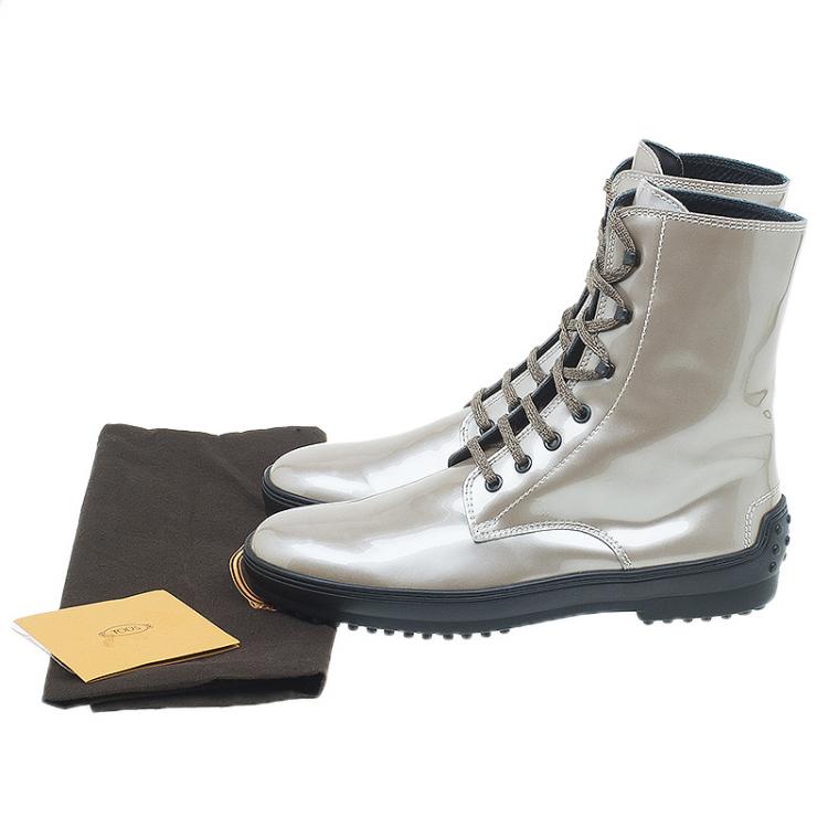 Pre Owned Tod's Metallic Patent Lace Up Mid Calf Boots Size 39.5 
