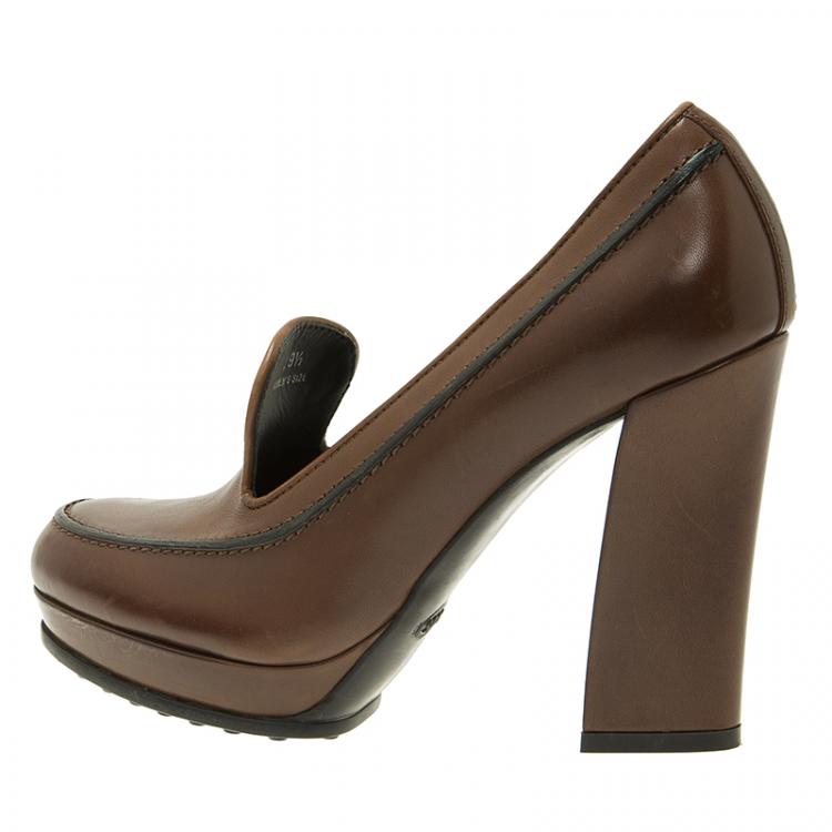Pre Owned Tod's Brown Leather Loafer Platform Pumps Size 39.5 