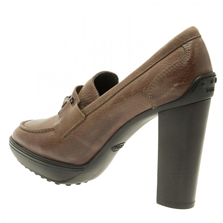 Pre Owned Tod's Brown Leather Loafer Pumps Size 36.5 