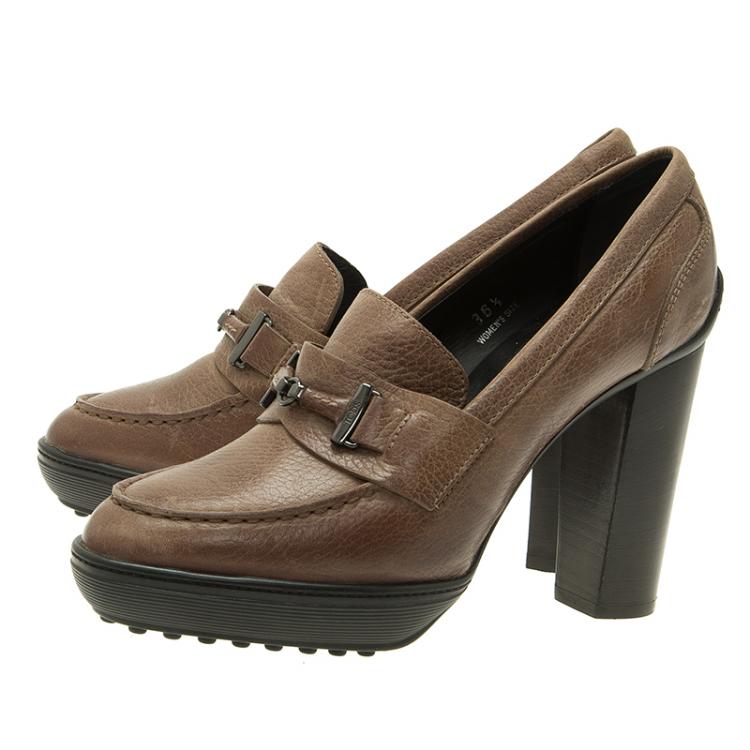 Pre Owned Tod's Brown Leather Loafer Pumps Size 36.5 
