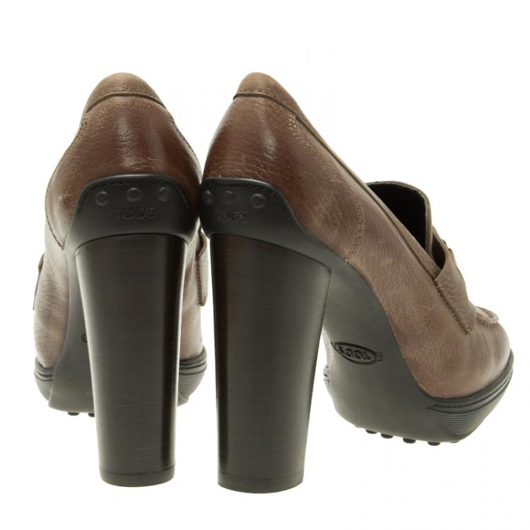 Pre Owned Tod's Brown Leather Loafer Pumps Size 36.5 