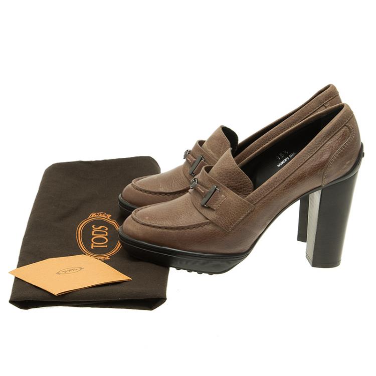 Pre Owned Tod's Brown Leather Loafer Pumps Size 36.5 
