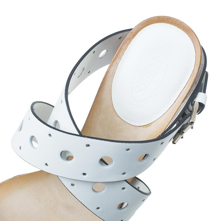 مملوكة مسبقًا Tod's White Leather Cut Out Ankle Cross Strap Platform Sandals Size 40
