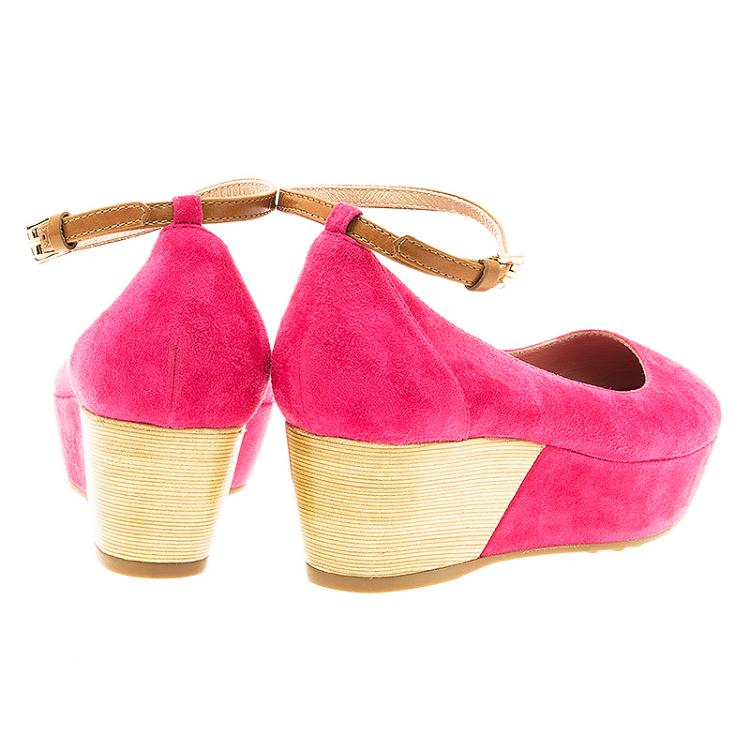 Pre Owned Tod's Pink Suede Ankle Strap Wedge Sandals Size 36.5 
