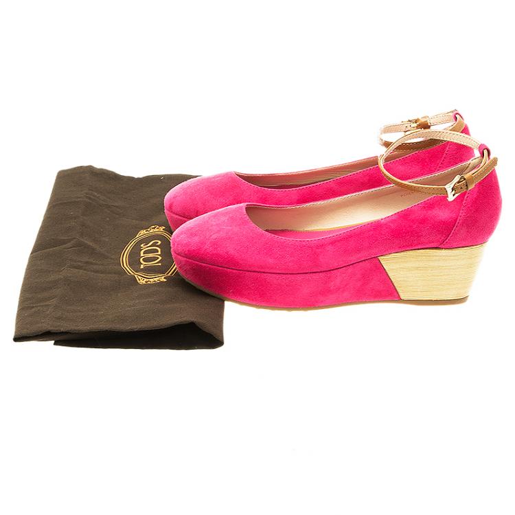 Pre Owned Tod's Pink Suede Ankle Strap Wedge Sandals Size 36.5 