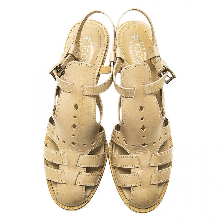 Pre Owned Tod's Beige Leather Cut Out Strappy T-Strap Sandals Size 39